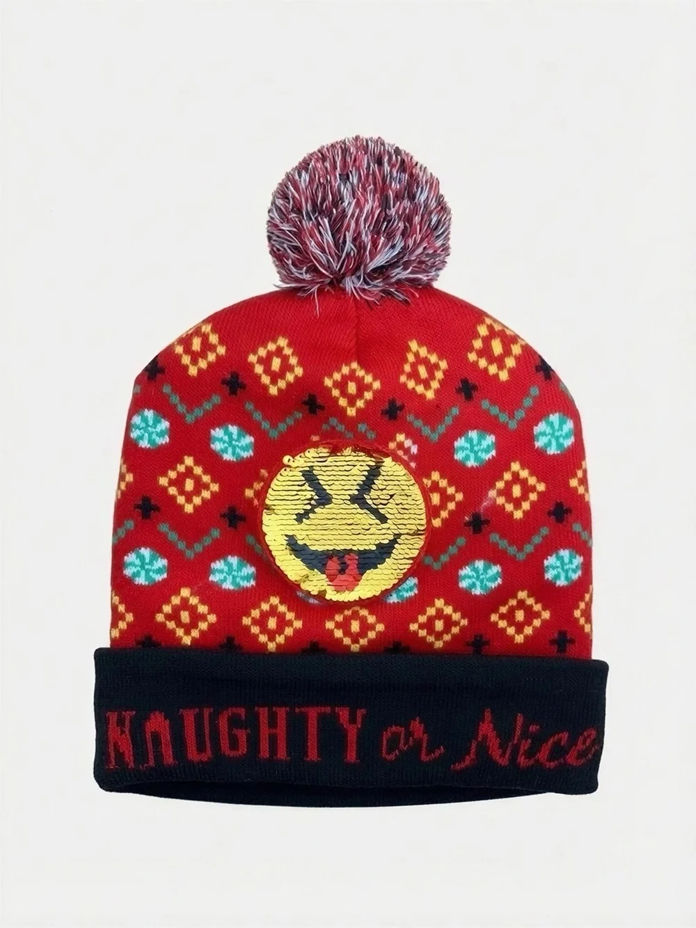 Red Christmas Unisex Pom Pom Hat with Sequin Emoji Patch - Naughty or Nice -- OS